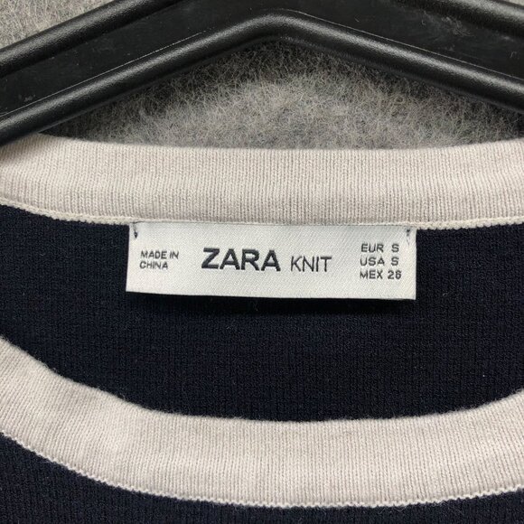 Zara Short Sleeve Knit Sweater Womens S Black White Crewneck Cropped Tight Knit - Picture 5 of 11